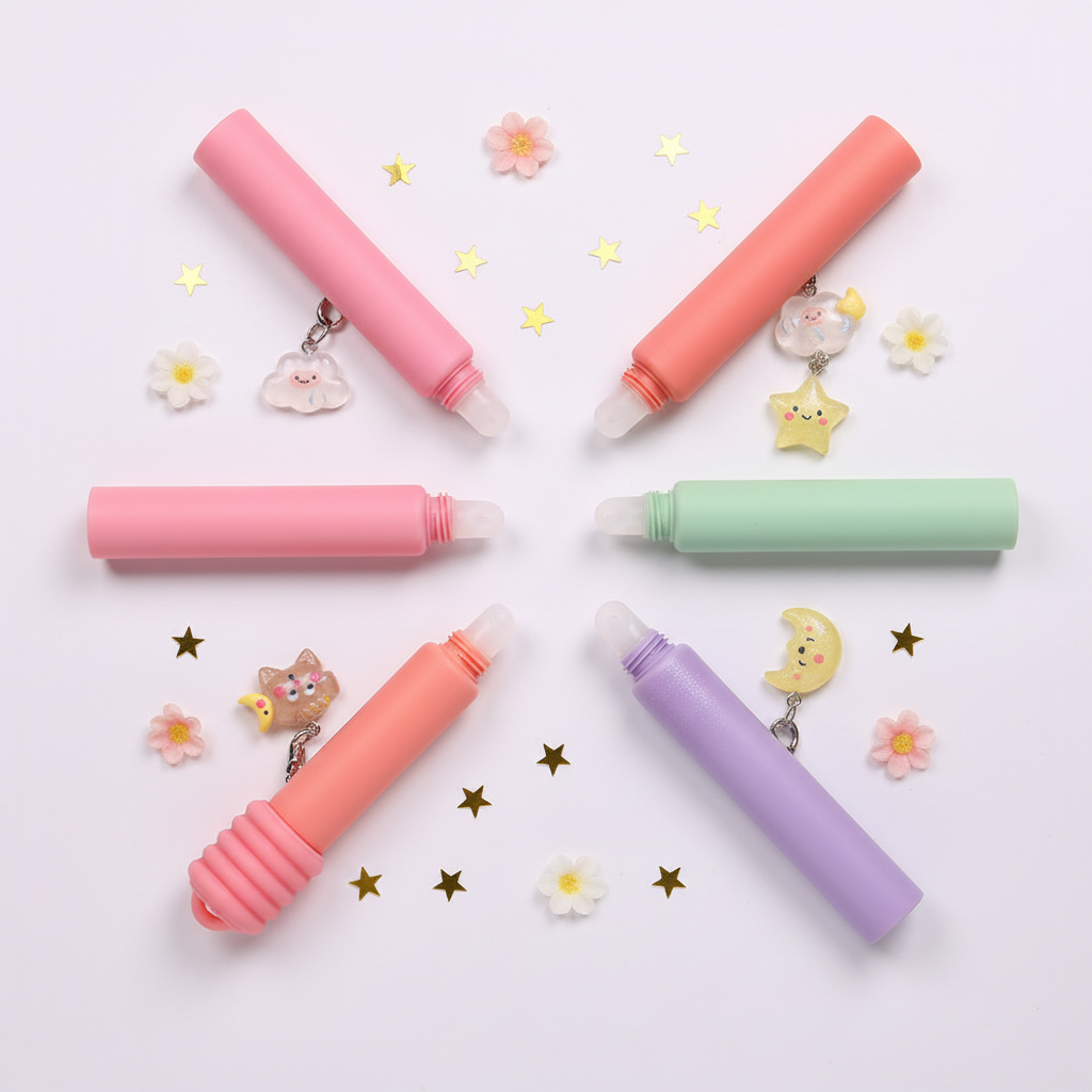 Overhead flat lay of four lip gloss tubes with caps removed showing applicators on white background