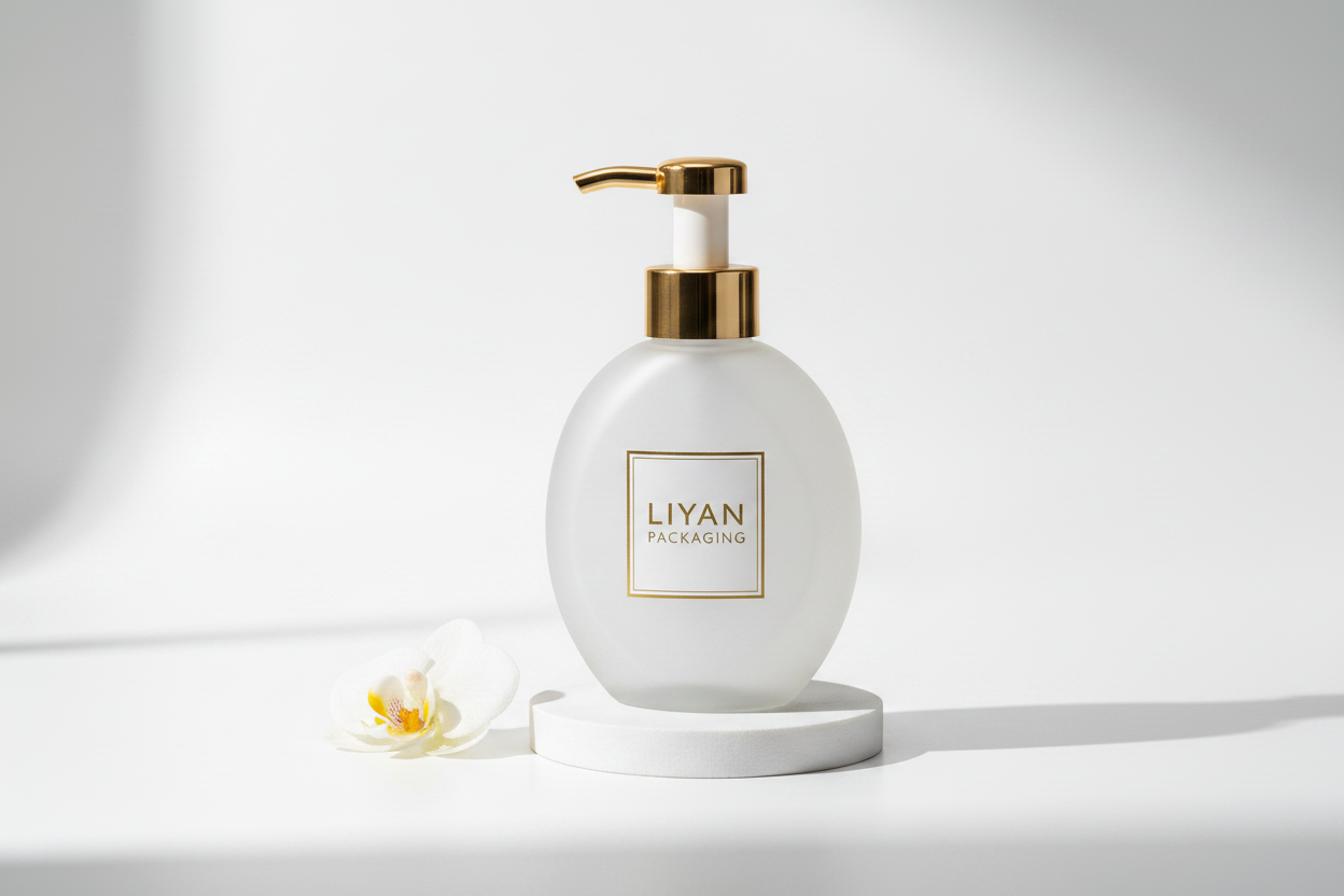 LIYAN Oval Frosted Glass Lotion Pump Bottle - Detail Shot