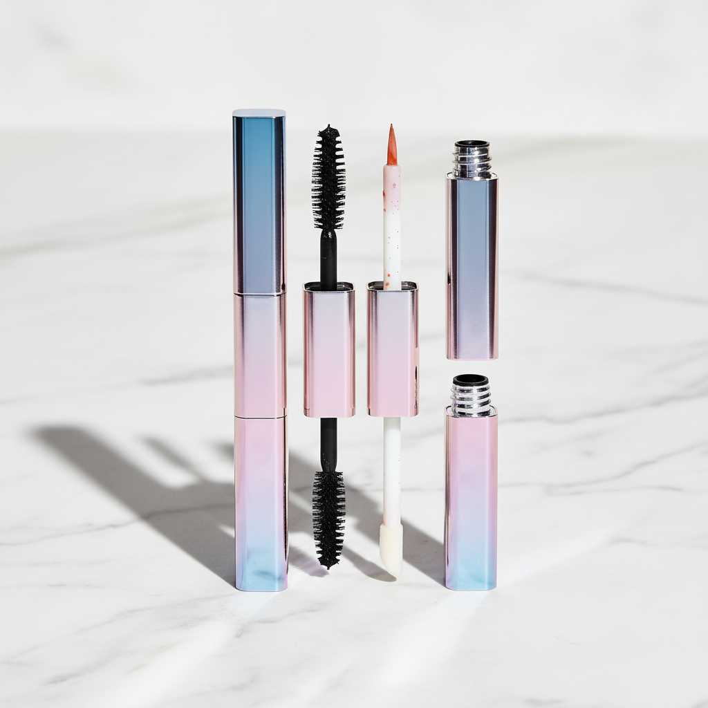 Dual-ended mascara tube open with wand close-up on white marble
