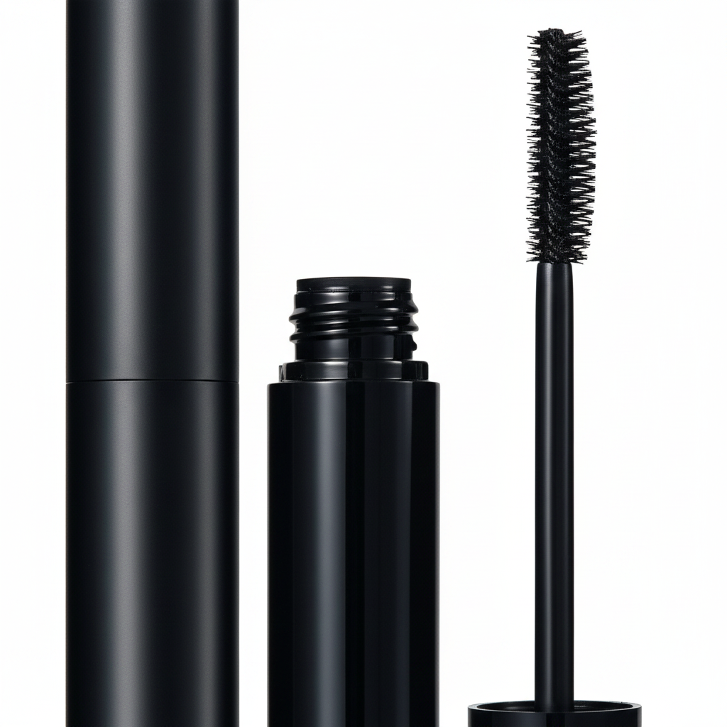 Round matte black mascara tube close-up macro detail shot matte surface