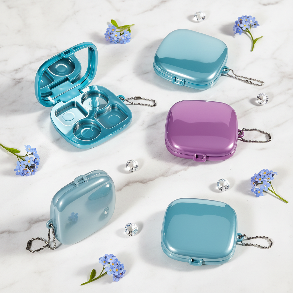 Square metallic blue eyeshadow palette cases flat lay on marble with flowers