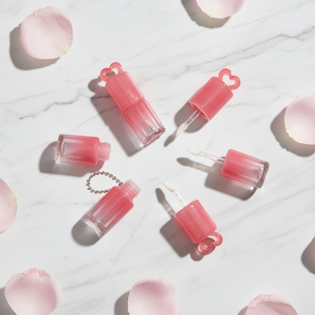 Gradient Pink Heart-Cap Lip Gloss Tube with Fine Brush | ABS Plastic | With / Without Chain | In Stock
