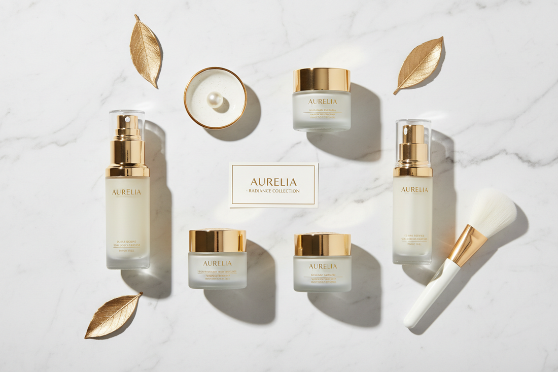 Luxury cosmetic packaging featuring glass bottles and jars with gold metallic caps on a white marble background