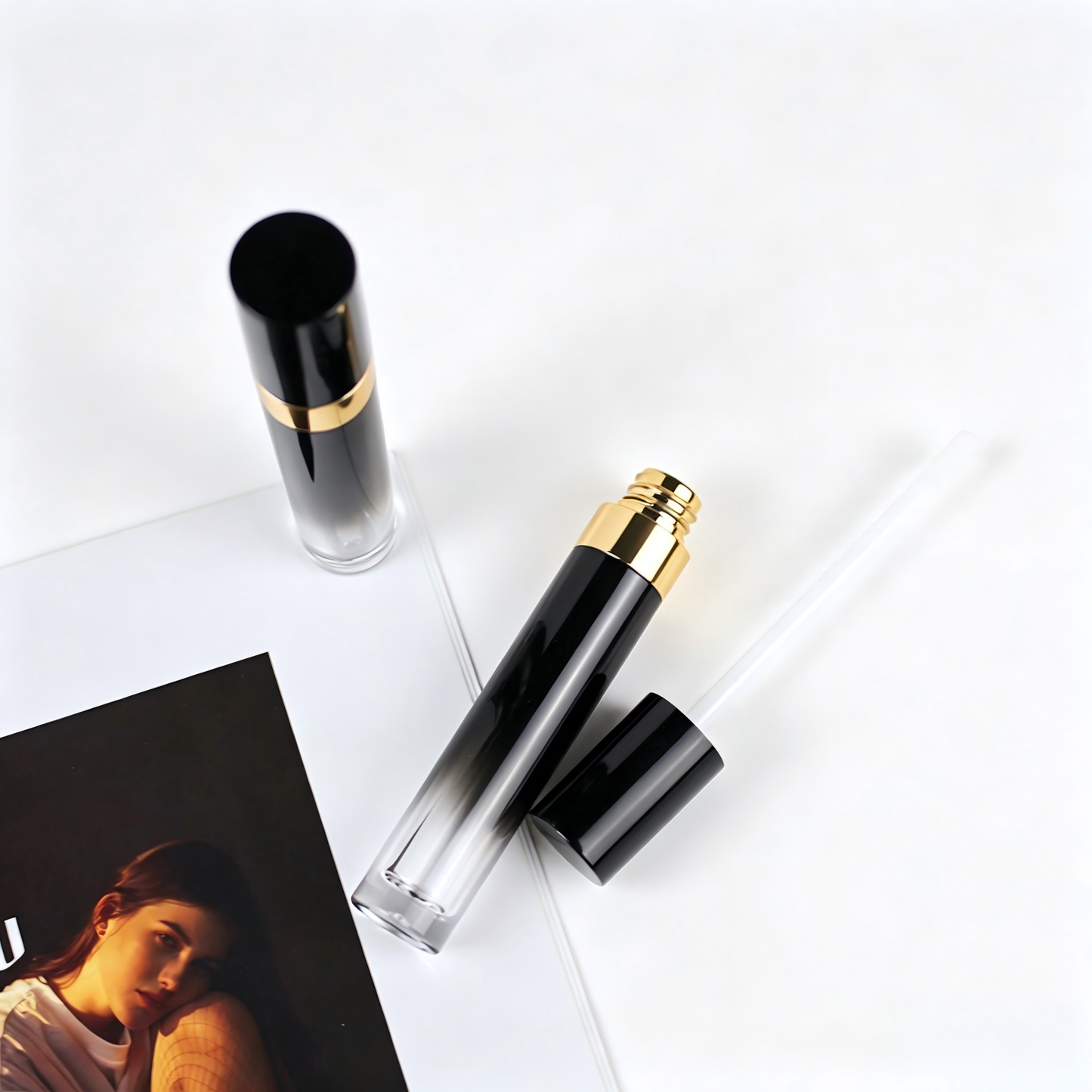 5ml Black-to-Gold Gradient Lip Gloss Tube | Gold Ring Electroplating | ABS+AS | OEM Custom