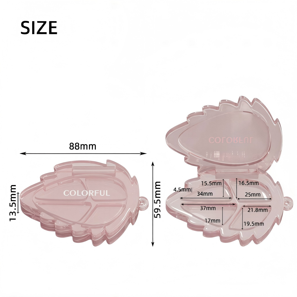 Leaf-Shape 4-Pan Eyeshadow Compact – Transparent Hinged | Mirror & Chain Loop | ABS