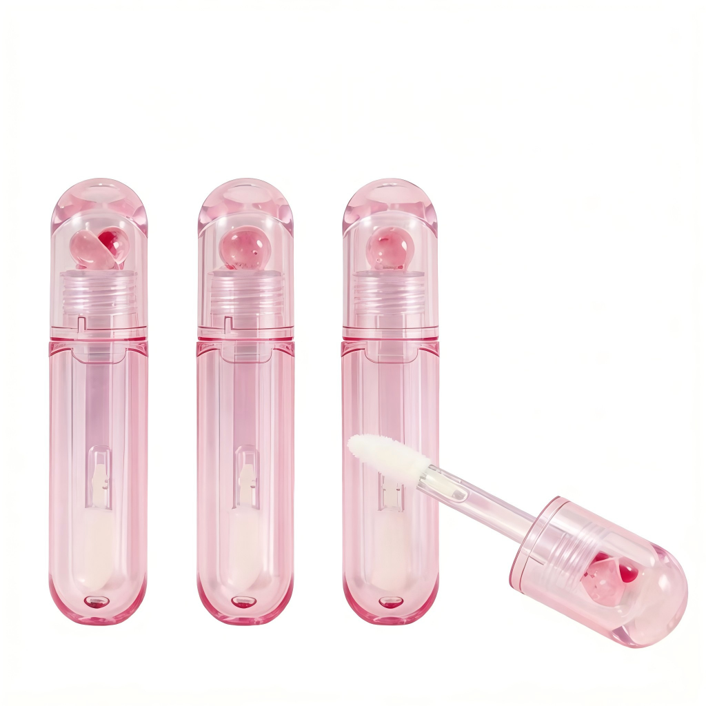Pink Glitter Heart Lip Gloss Tube | Round Capsule Shape | Thick Brush Wand | ABS Plastic | In Stock
