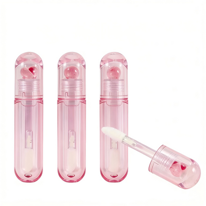 Pink Glitter Heart Lip Gloss Tube | Round Capsule Shape | Thick Brush Wand | ABS Plastic | In Stock