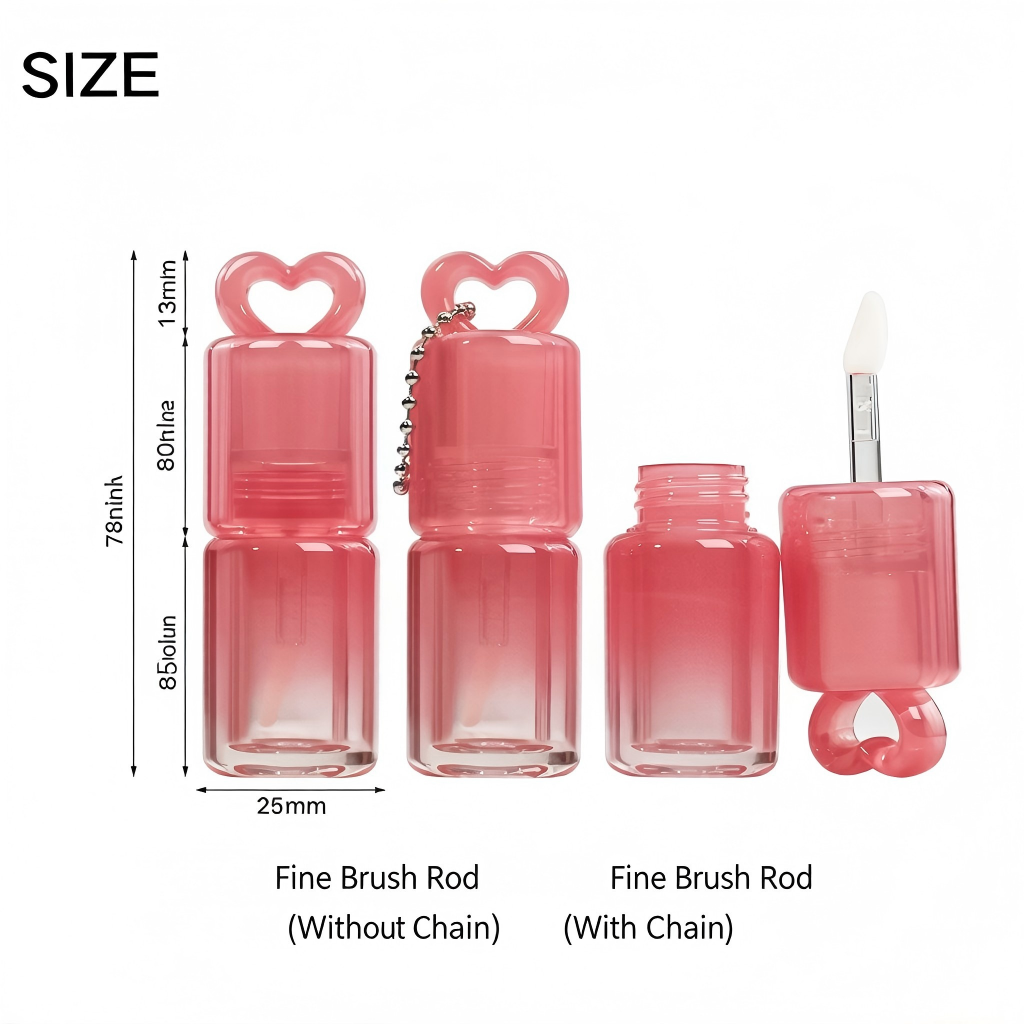 Gradient Pink Heart-Cap Lip Gloss Tube with Fine Brush | ABS Plastic | With / Without Chain | In Stock