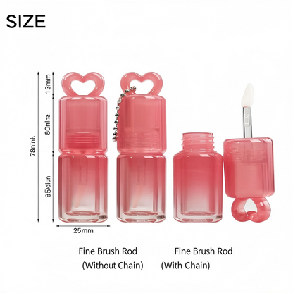 Gradient Pink Heart-Cap Lip Gloss Tube with Fine Brush | ABS Plastic | With / Without Chain | In Stock