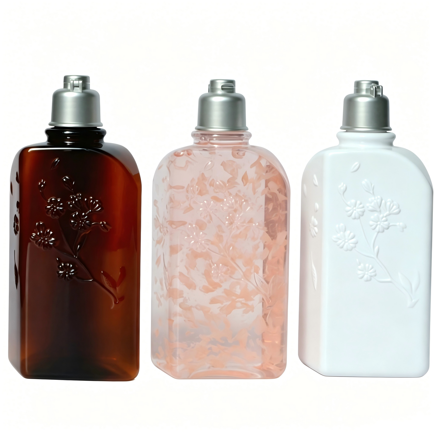 250ml Floral Embossed Square PET Bottle | Flip Cap Body Wash Shampoo Lotion Bottle | OEM