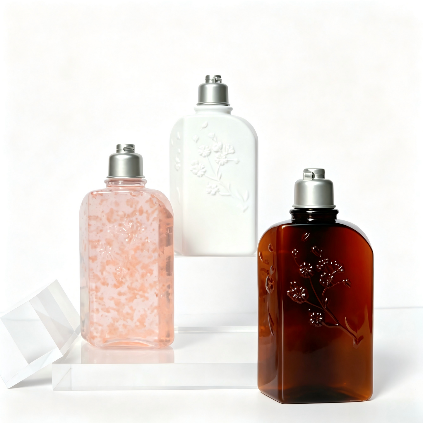 250ml Floral Embossed Square PET Bottle | Flip Cap Body Wash Shampoo Lotion Bottle | OEM