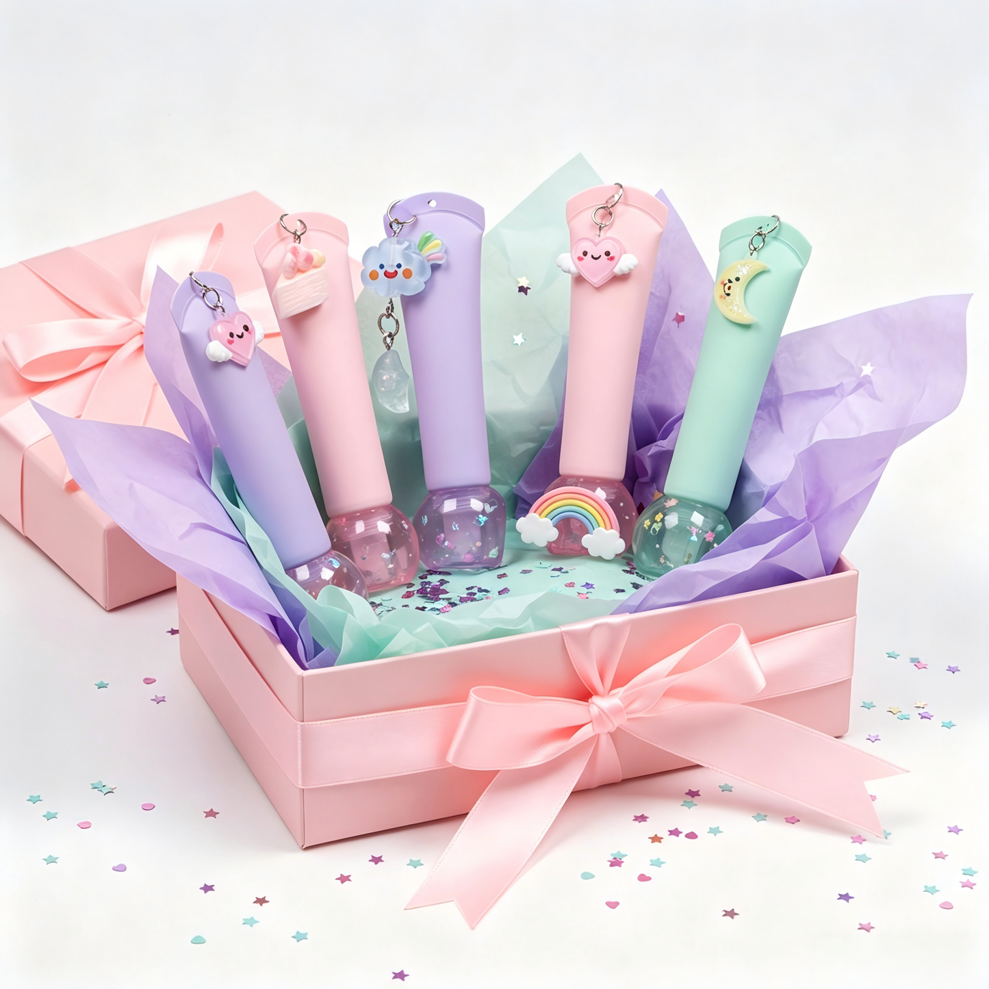 Kawaii Lip Gloss Tube with Bubble Base & Charm Pendant – Multi-Color