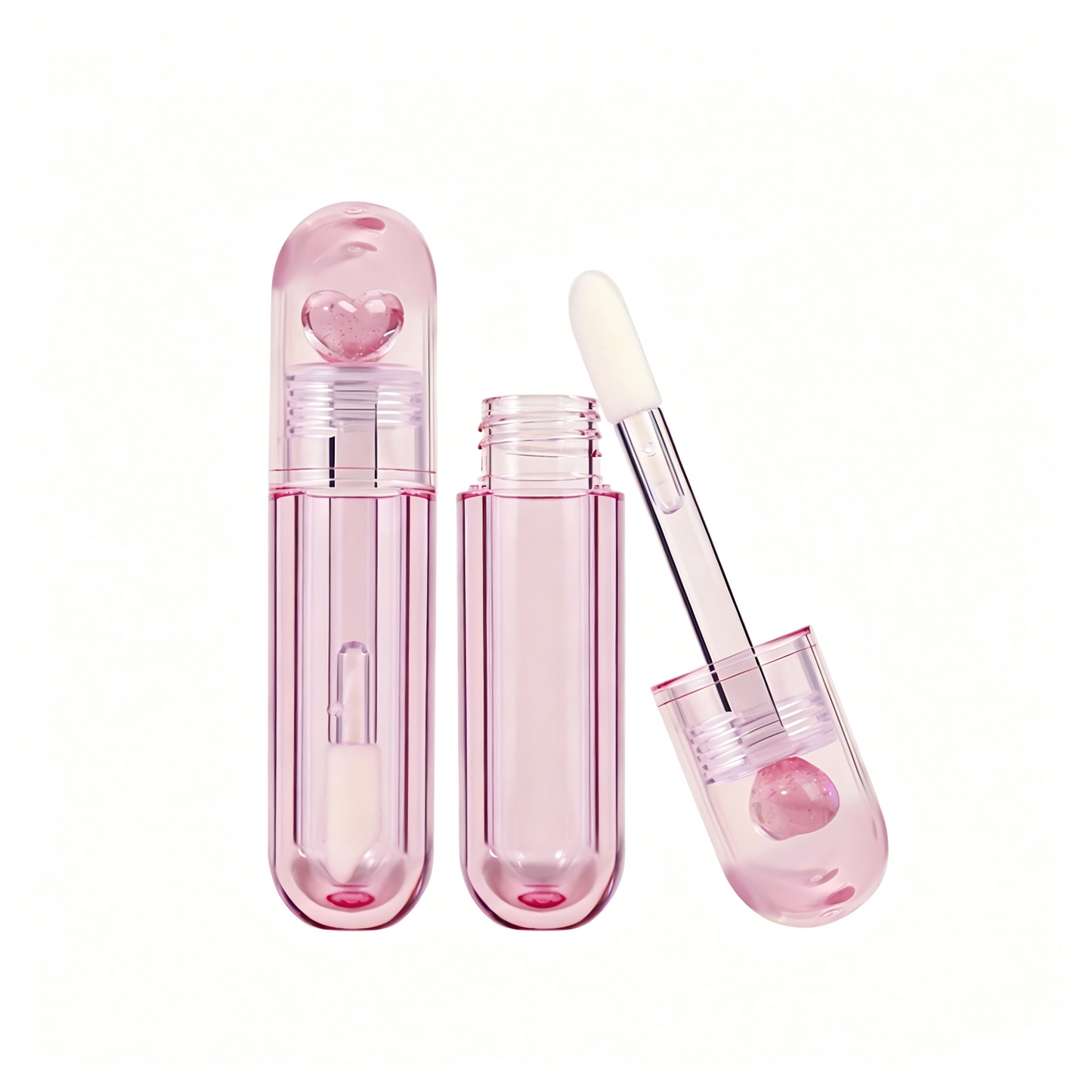 Pink Glitter Heart Lip Gloss Tube | Round Capsule Shape | Thick Brush Wand | ABS Plastic | In Stock