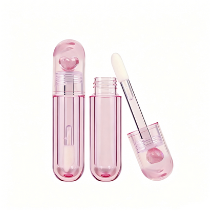 Pink Glitter Heart Lip Gloss Tube | Round Capsule Shape | Thick Brush Wand | ABS Plastic | In Stock