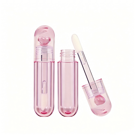 Pink Glitter Heart Lip Gloss Tube | Round Capsule Shape | Thick Brush Wand | ABS Plastic | In Stock