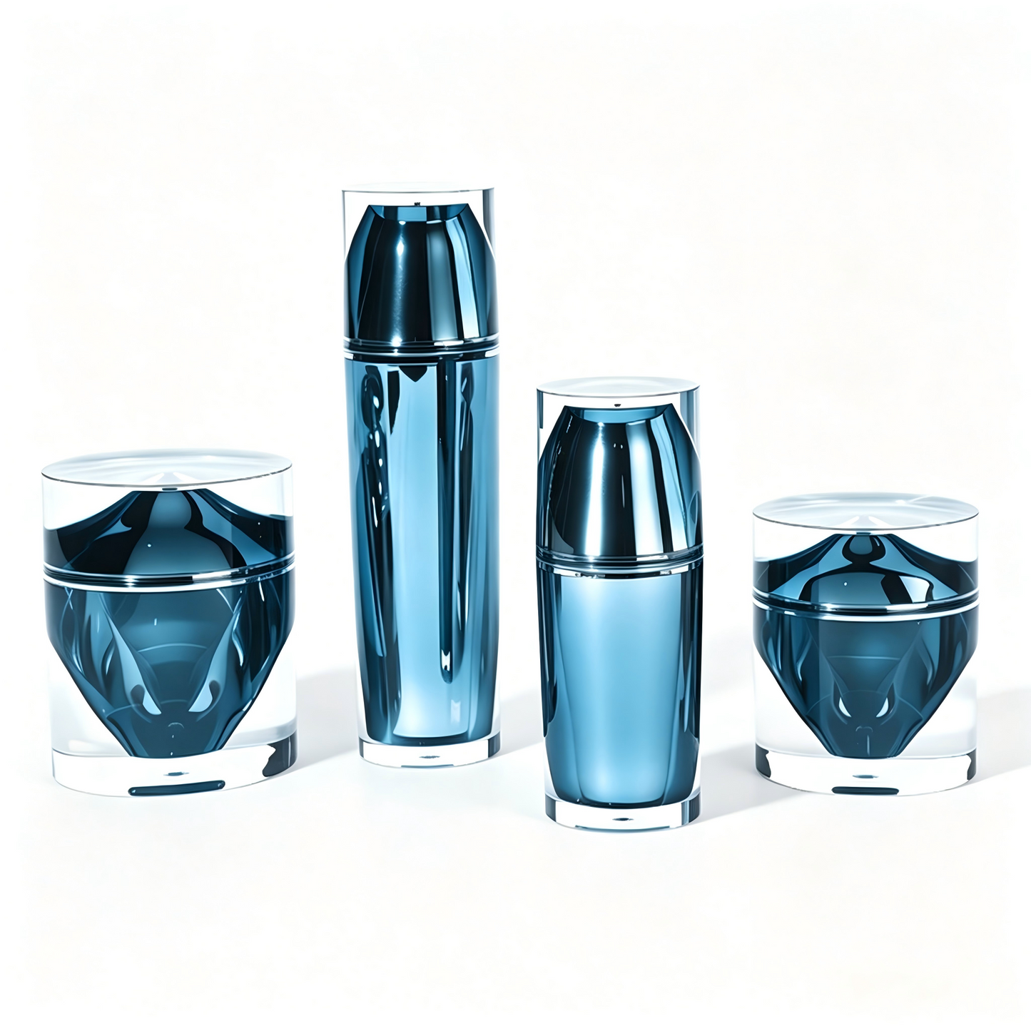 Blue Diamond-Cut Acrylic Skincare Packaging Set | OEM Cosmetic Bottles & Jars
