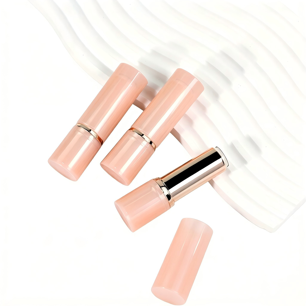 Round Nude Lipstick Tube | Milky Pink Body + Gold Ring | ABS+AS | OEM Custom