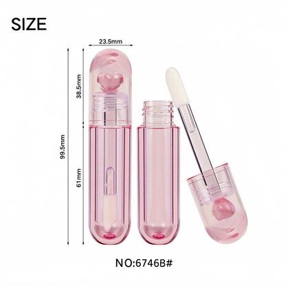 Pink Glitter Heart Lip Gloss Tube | Round Capsule Shape | Thick Brush Wand | ABS Plastic | In Stock