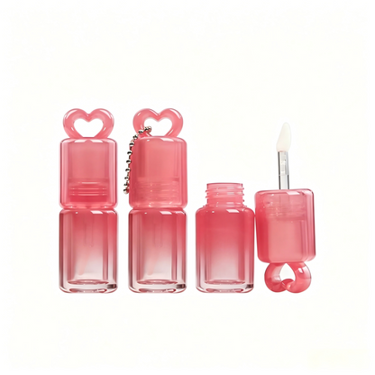 Gradient Pink Heart-Cap Lip Gloss Tube with Fine Brush | ABS Plastic | With / Without Chain | In Stock
