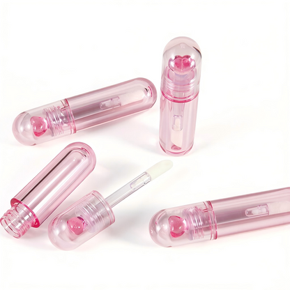 Pink Glitter Heart Lip Gloss Tube | Round Capsule Shape | Thick Brush Wand | ABS Plastic | In Stock