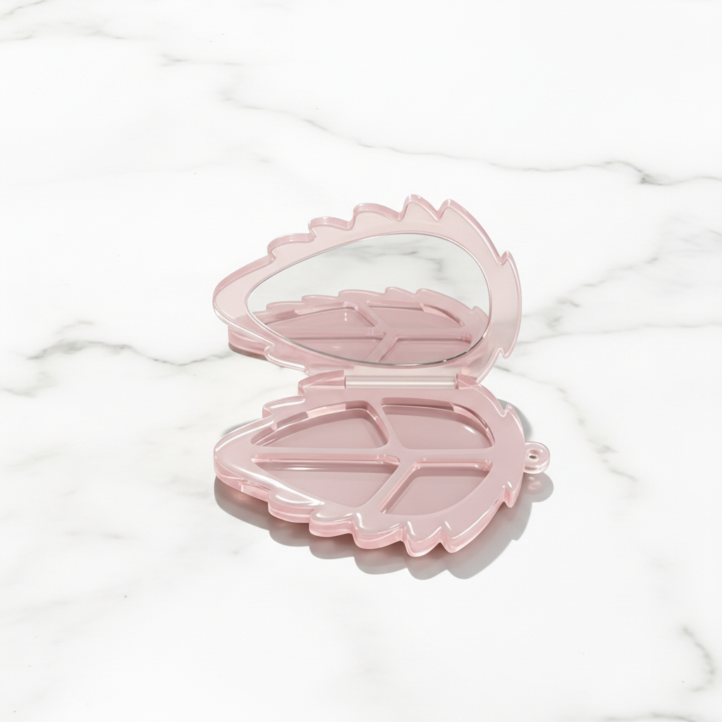 Leaf-Shape 4-Pan Eyeshadow Compact – Transparent Hinged | Mirror & Chain Loop | ABS