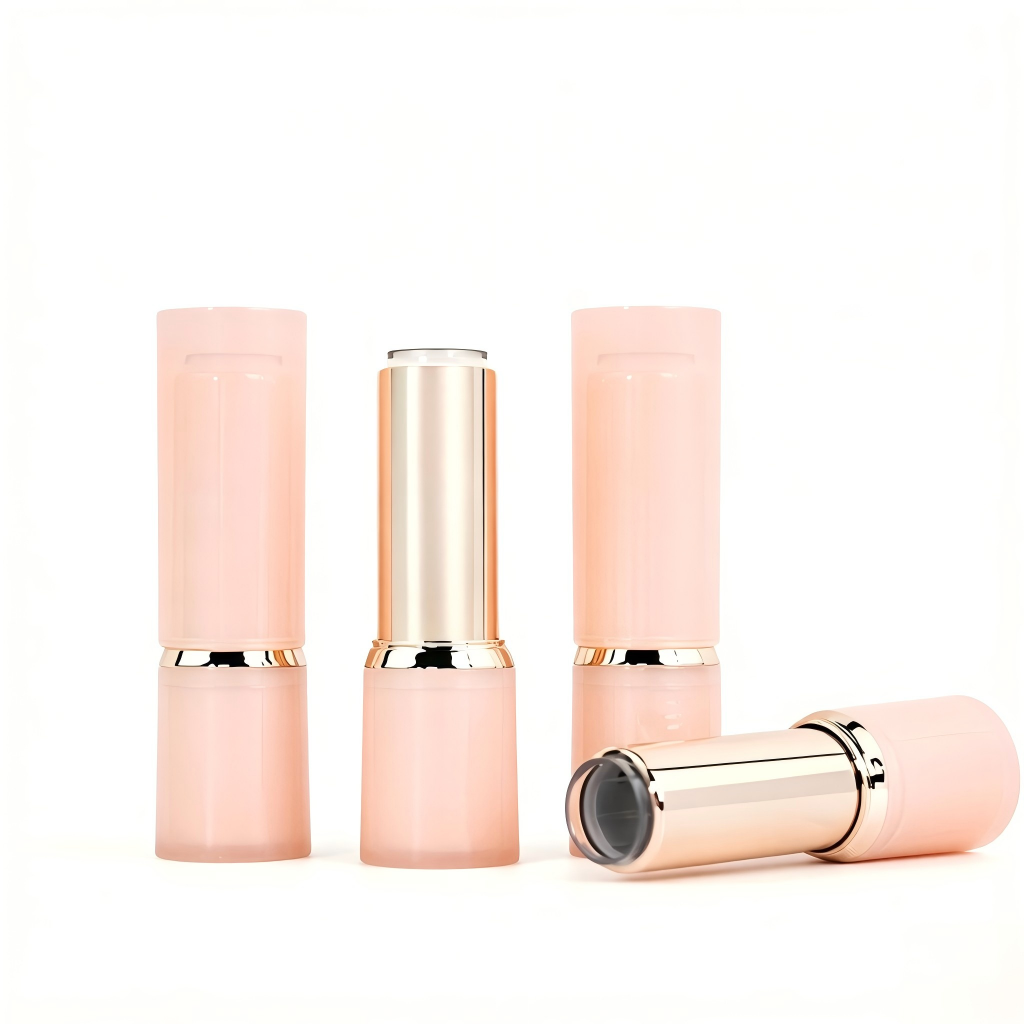 Round Nude Lipstick Tube | Milky Pink Body + Gold Ring | ABS+AS | OEM Custom