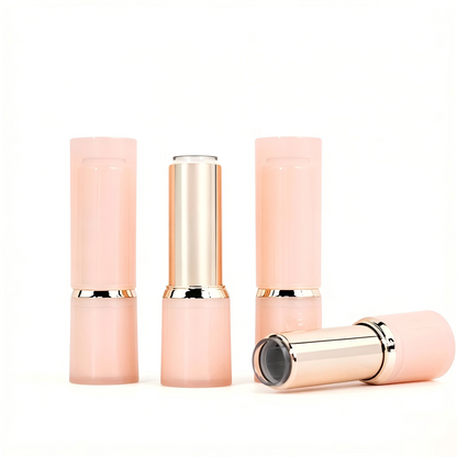 Round Nude Lipstick Tube | Milky Pink Body + Gold Ring | ABS+AS | OEM Custom