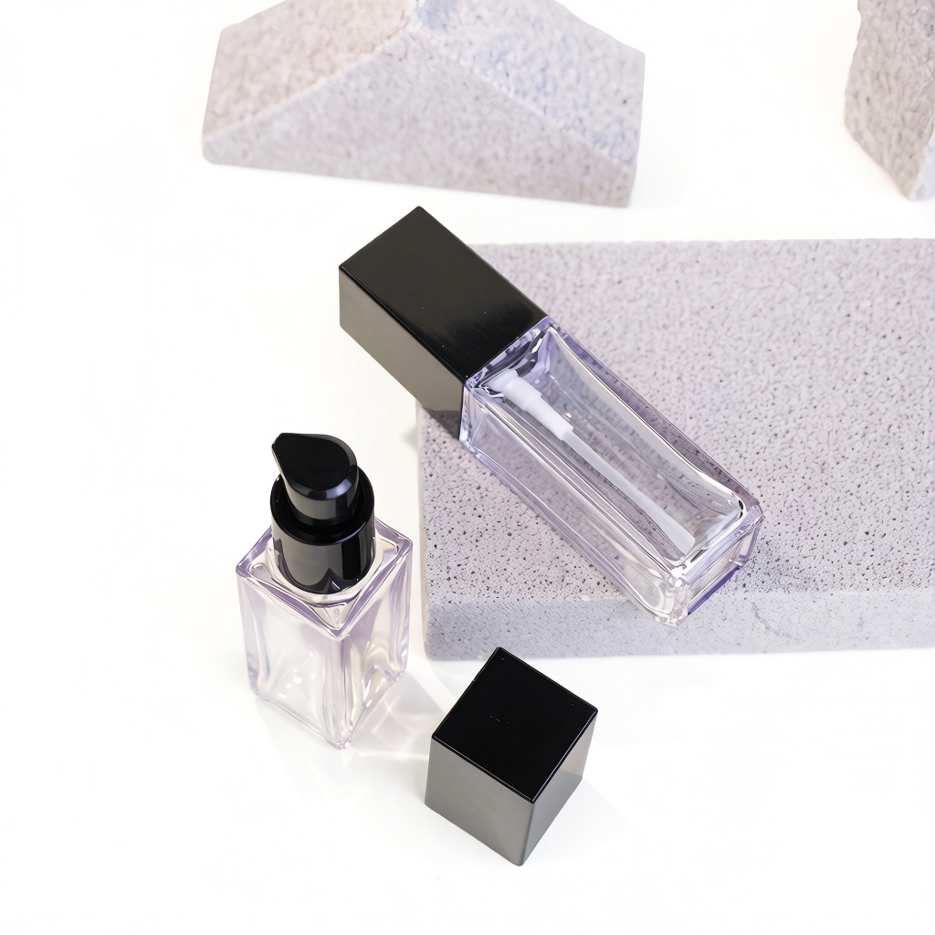 Square Thick-Wall Lip Gloss & Foundation Bottle | Frosted & Clear Black Cap | ABS | Liyan