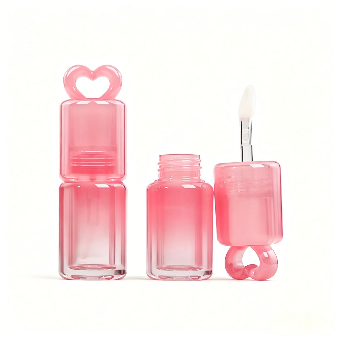 Gradient Pink Heart-Cap Lip Gloss Tube with Fine Brush | ABS Plastic | With / Without Chain | In Stock