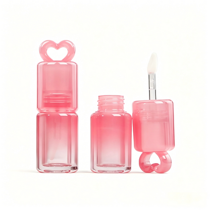 Gradient Pink Heart-Cap Lip Gloss Tube with Fine Brush | ABS Plastic | With / Without Chain | In Stock