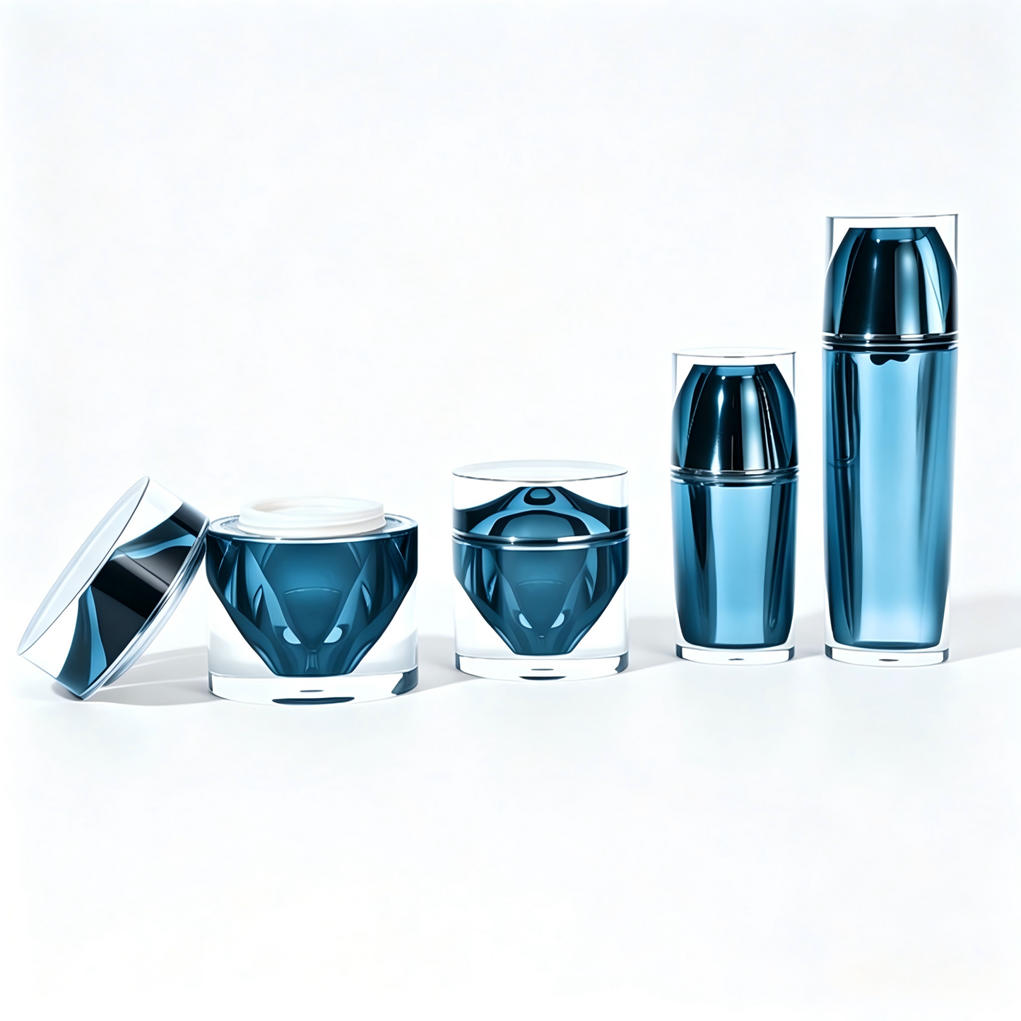 Blue Diamond-Cut Acrylic Skincare Packaging Set | OEM Cosmetic Bottles & Jars