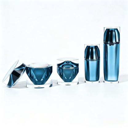 Blue Diamond-Cut Acrylic Skincare Packaging Set | OEM Cosmetic Bottles & Jars