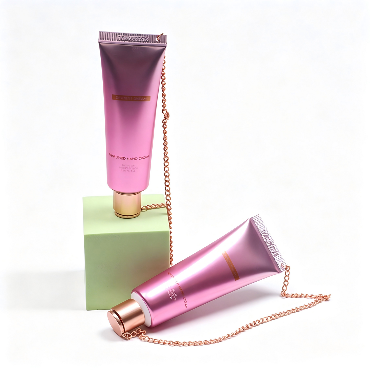 Luxury Perfumed Hand Cream Tube with Rose Gold Chain – Gradient Multi-Color