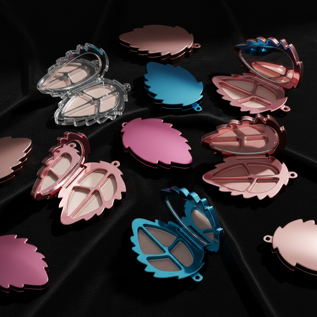 Leaf-Shape 4-Pan Eyeshadow Compact – Transparent Hinged | Mirror & Chain Loop | ABS