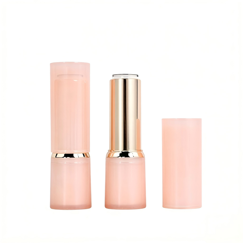 Round Nude Lipstick Tube | Milky Pink Body + Gold Ring | ABS+AS | OEM Custom