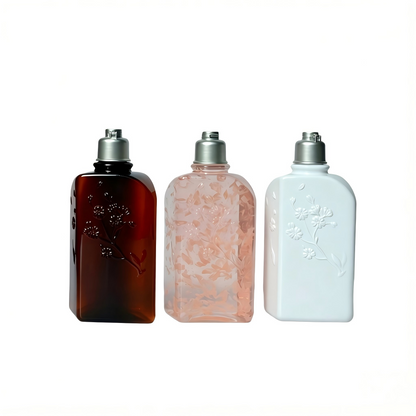 250ml Floral Embossed Square PET Bottle | Flip Cap Body Wash Shampoo Lotion Bottle | OEM