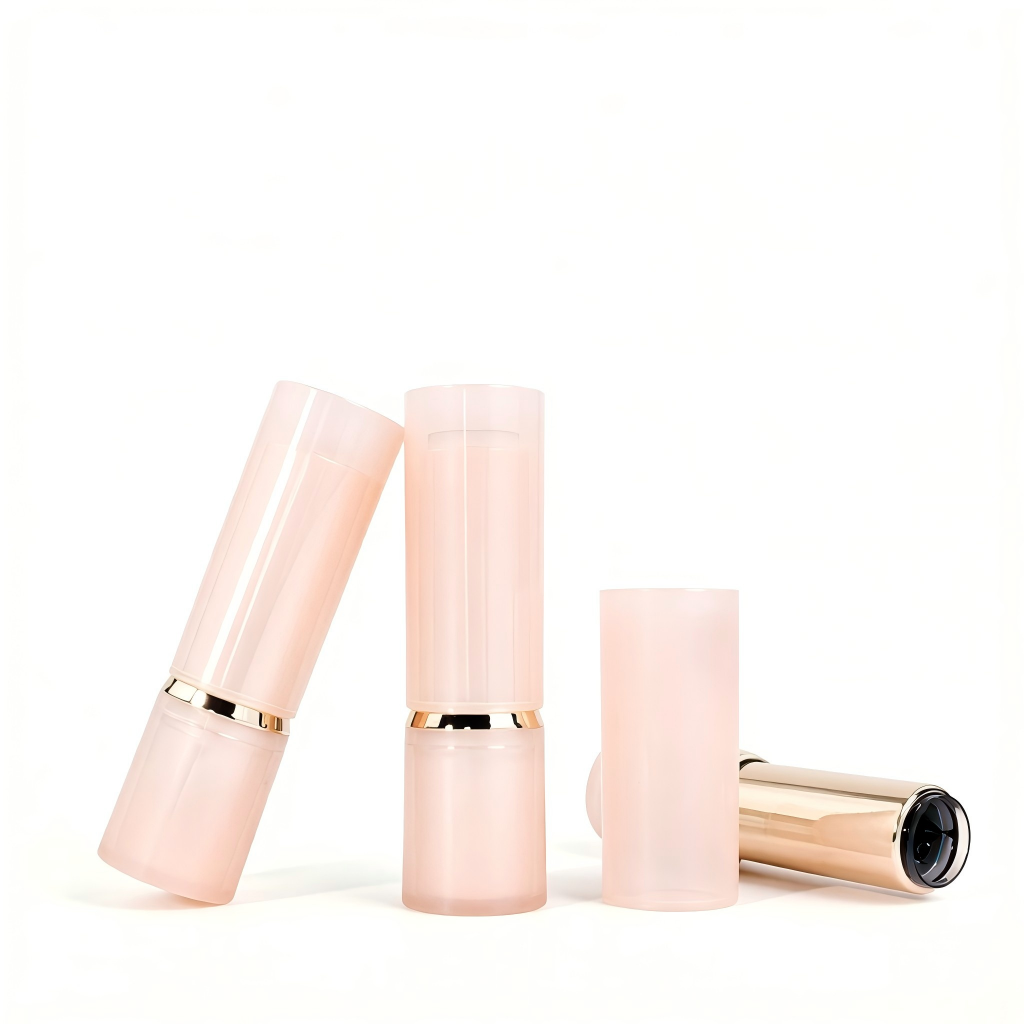 Round Nude Lipstick Tube | Milky Pink Body + Gold Ring | ABS+AS | OEM Custom
