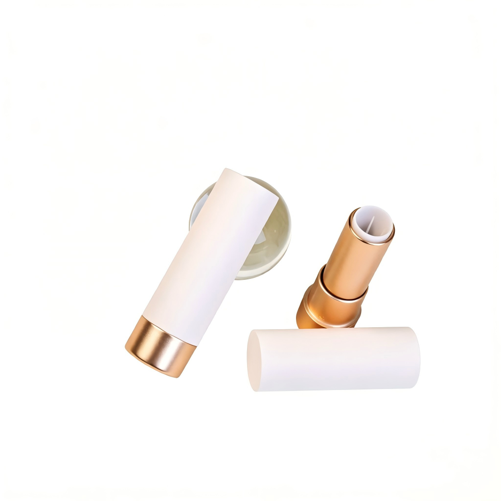 Round Lipstick Tube | Matte White Body + Matte Gold Base | ABS+AS | OEM Custom