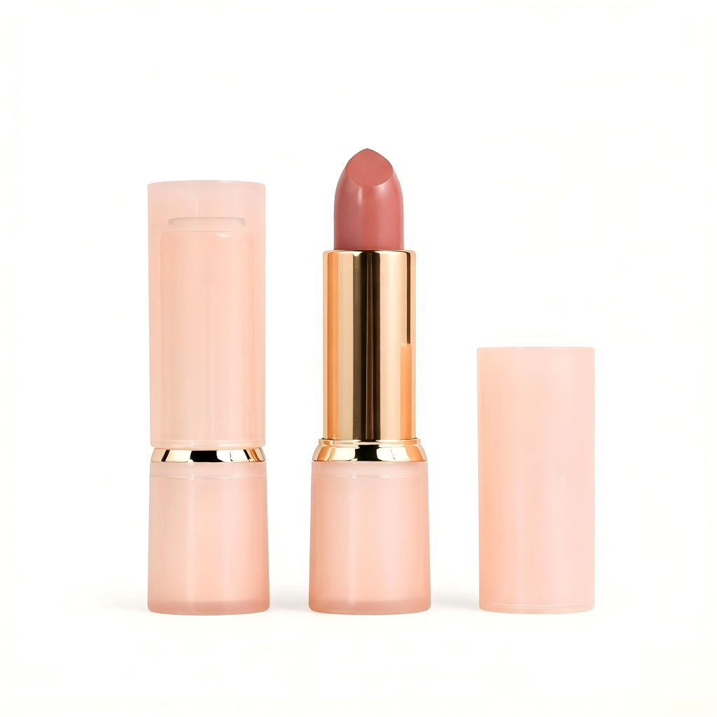 Round Nude Lipstick Tube | Milky Pink Body + Gold Ring | ABS+AS | OEM Custom