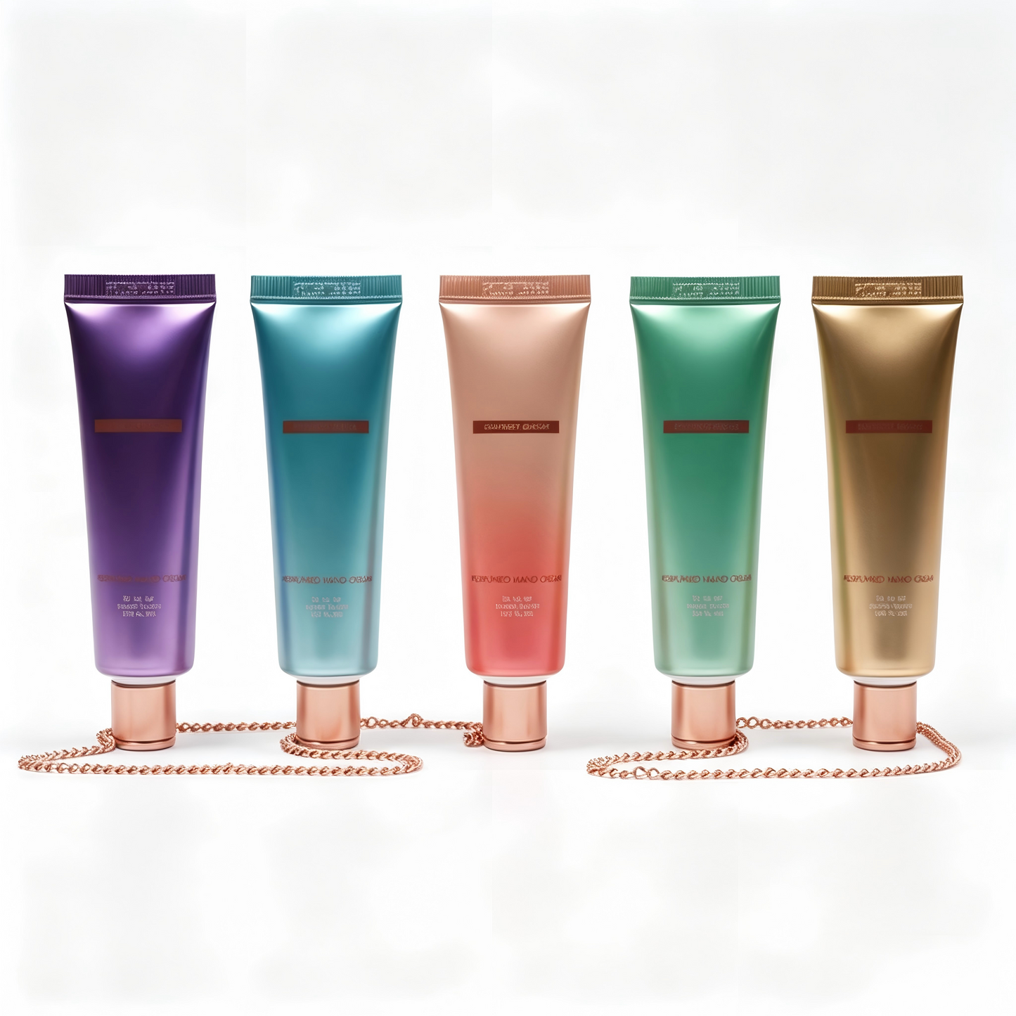 Luxury Perfumed Hand Cream Tube with Rose Gold Chain – Gradient Multi-Color