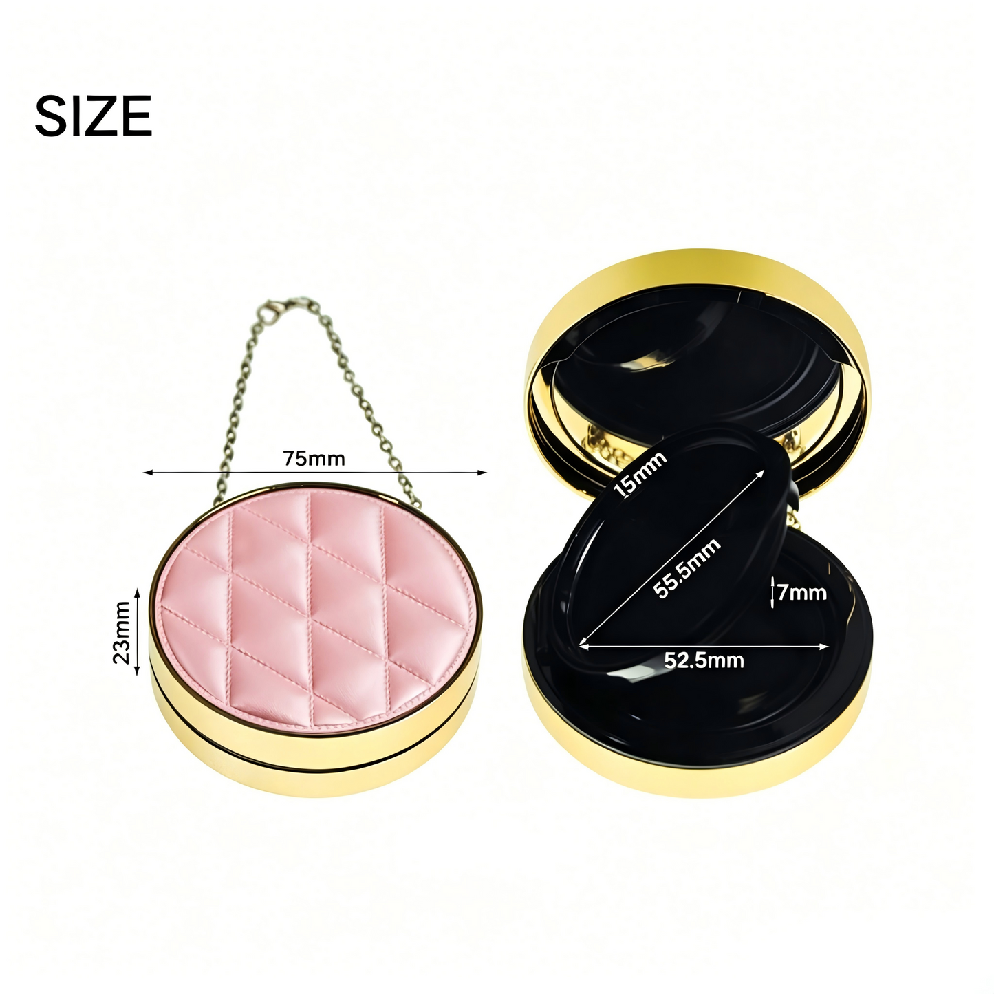 Round Magnetic Air Cushion Compact | Quilted Lid & Gold Chain | ABS | Liyan