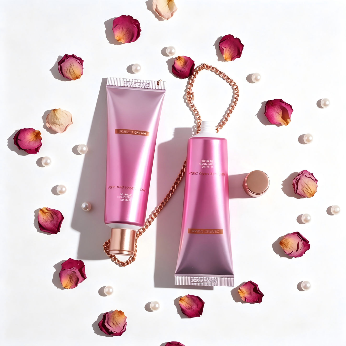 Luxury Perfumed Hand Cream Tube with Rose Gold Chain – Gradient Multi-Color