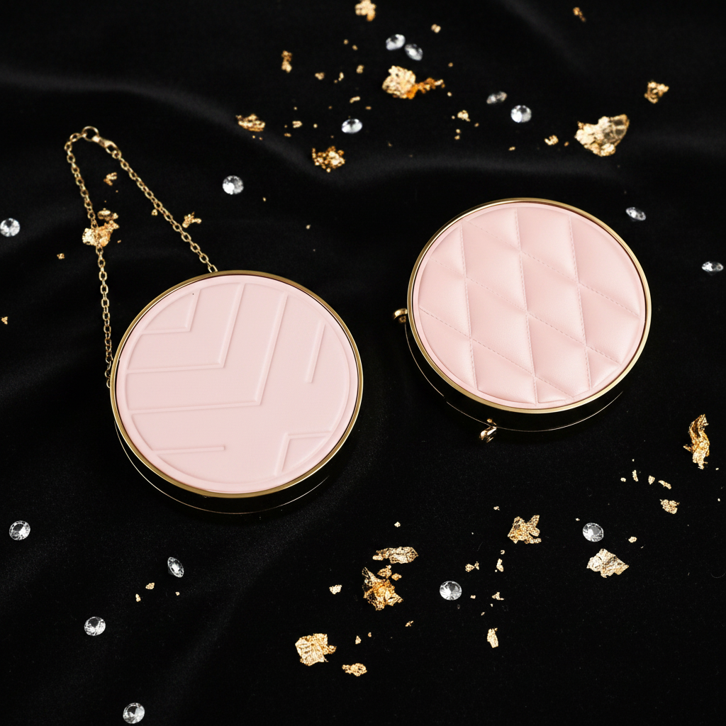 Round Magnetic Air Cushion Compact | Quilted Lid & Gold Chain | ABS | Liyan