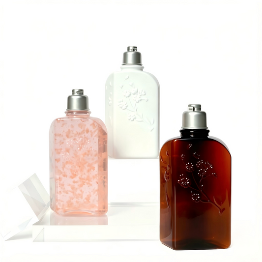 250ml Floral Embossed Square PET Bottle | Flip Cap Body Wash Shampoo Lotion Bottle | OEM