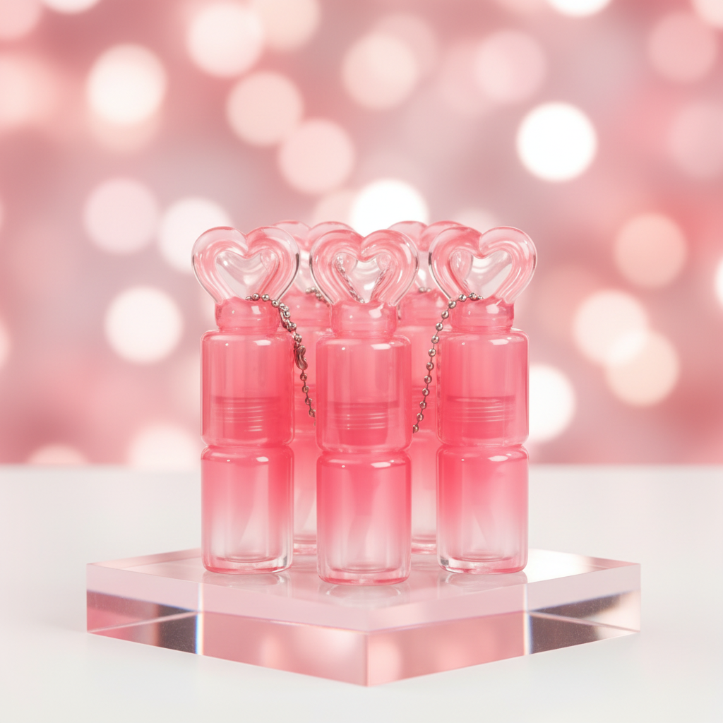 Gradient Pink Heart-Cap Lip Gloss Tube with Fine Brush | ABS Plastic | With / Without Chain | In Stock
