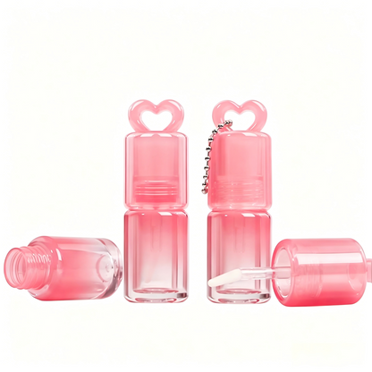 Gradient Pink Heart-Cap Lip Gloss Tube with Fine Brush | ABS Plastic | With / Without Chain | In Stock