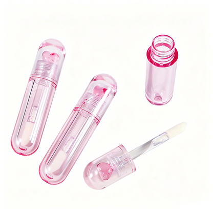 Pink Glitter Heart Lip Gloss Tube | Round Capsule Shape | Thick Brush Wand | ABS Plastic | In Stock