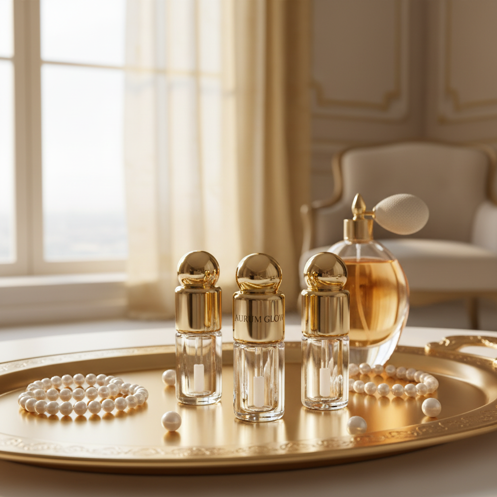 Three gold ball cap lip gloss tubes on luxury gold vanity tray lifestyle scene