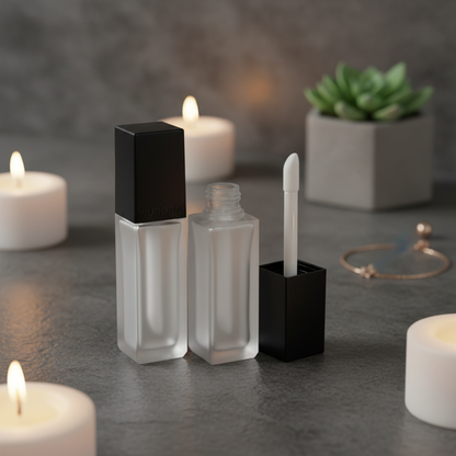 Frosted square lip gloss bottle moody lifestyle scene on dark stone with candlelight