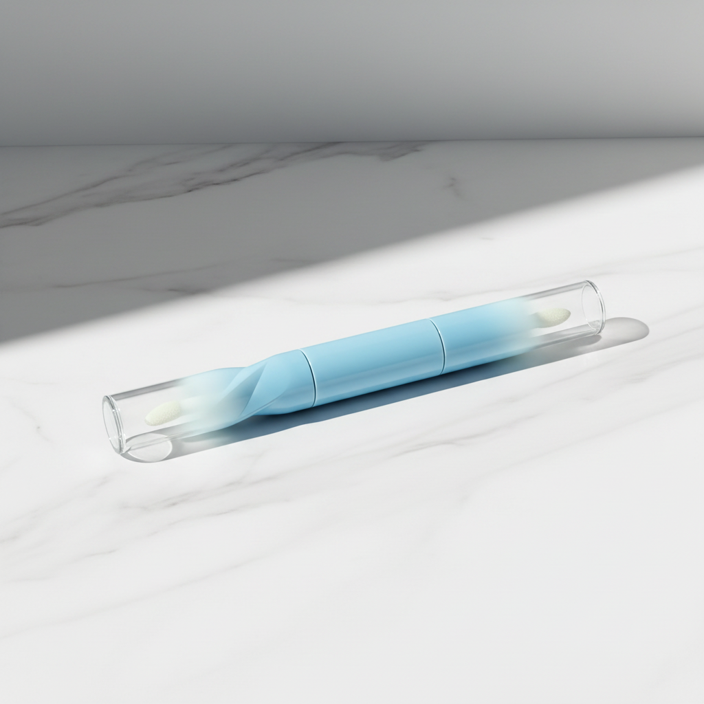 Dual-end blue gradient cosmetic tube on white marble minimalist luxury scene
